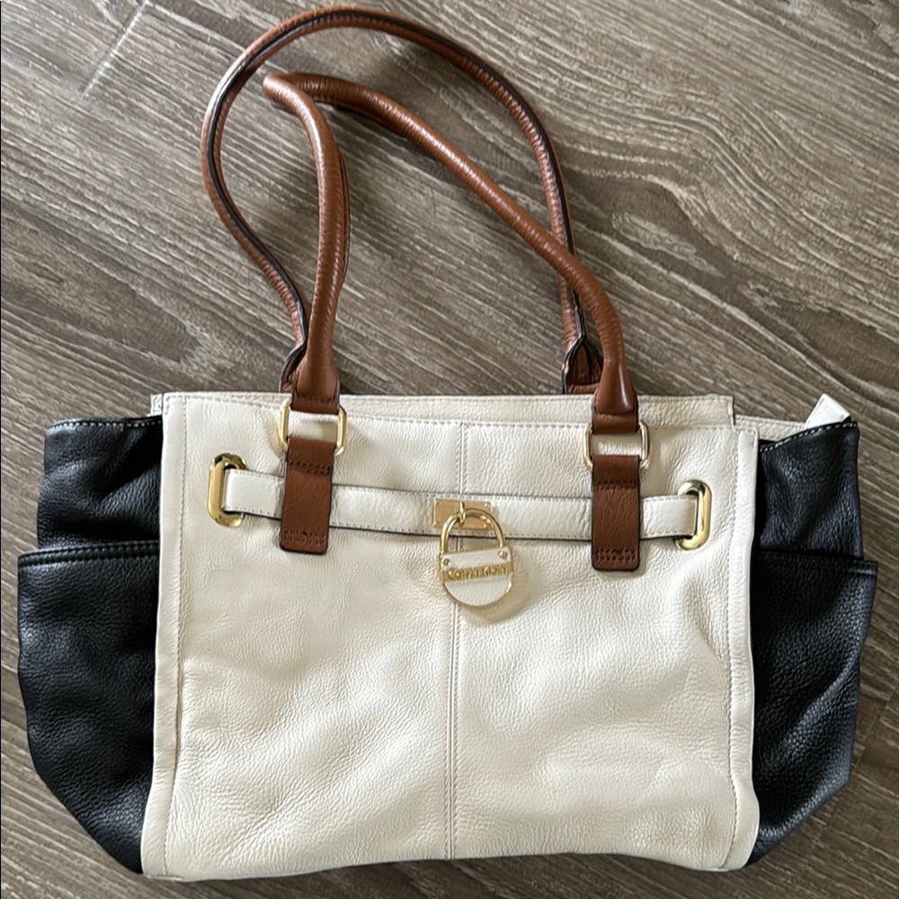 Calvin Klein Cream and Black Shoulder Bag with Gold Accent